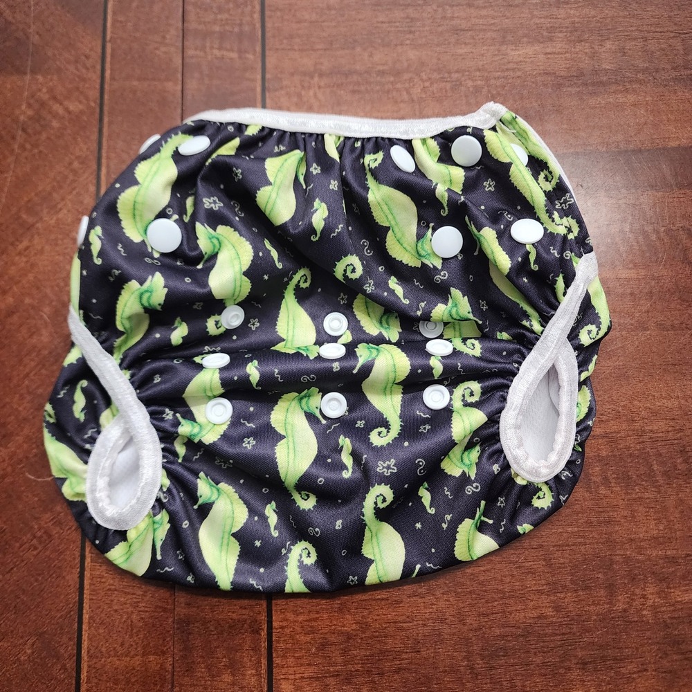 Langsprit Swim Diaper Kids Large Black Green Seahorse Reusable Cloth Snap Pool